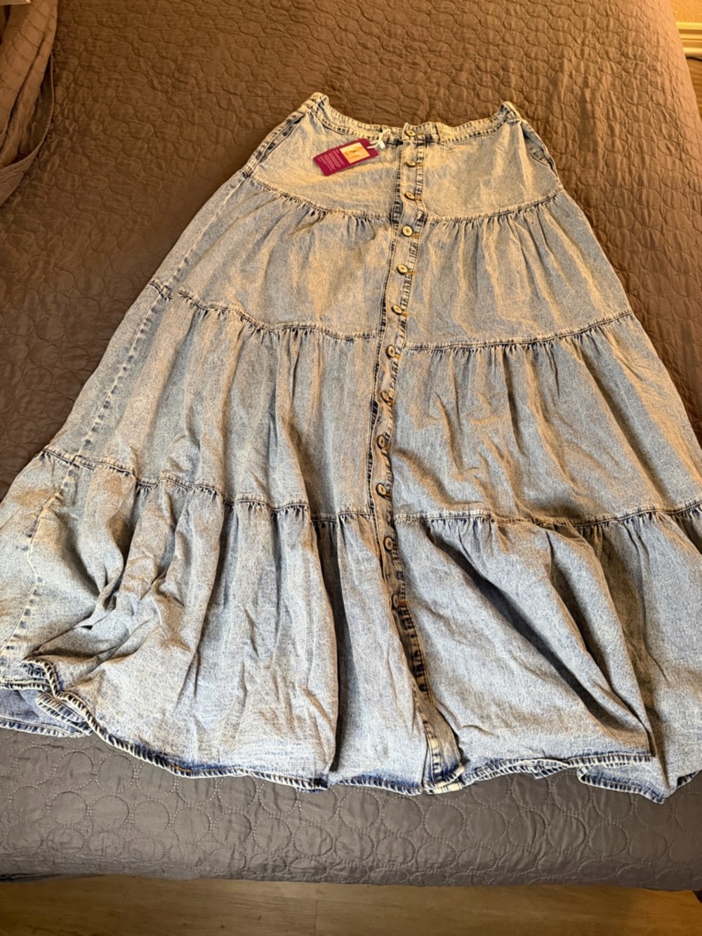 Denim Tiered Maxi Skirt Size Large Boho Cottagecore Button Front